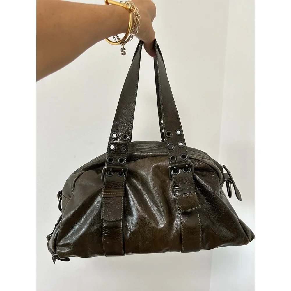 Y2K Francesco Biasia Distressed Leather Satchel Bag Olive Green Grunge